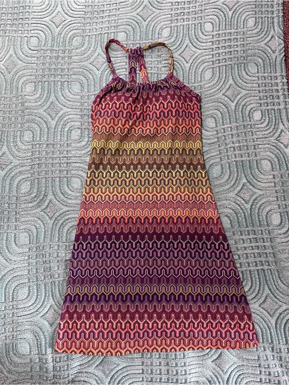 Prana Multicolor Geometric Halter Midi Dress (Purple, Pink, Gold, Tan)
